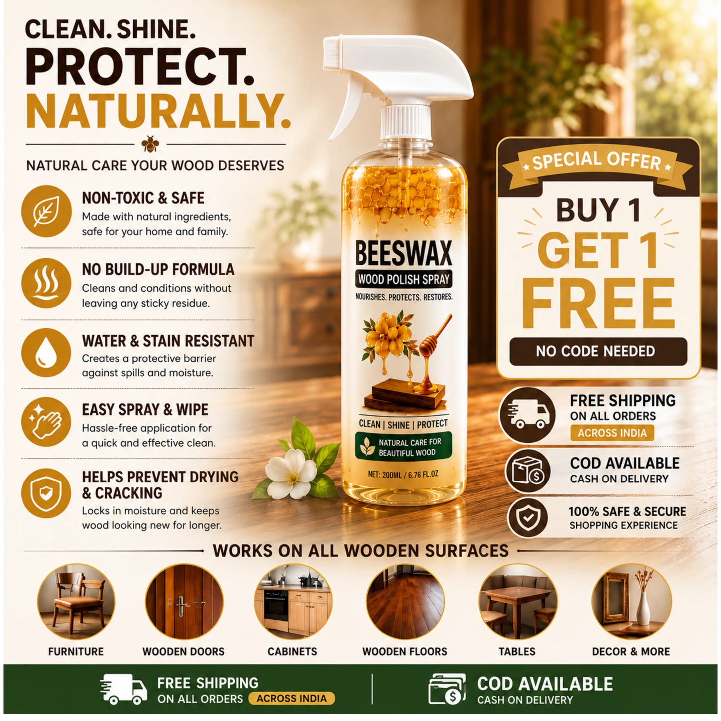 Beeswax Wood Polish Spray (Pack of 2)